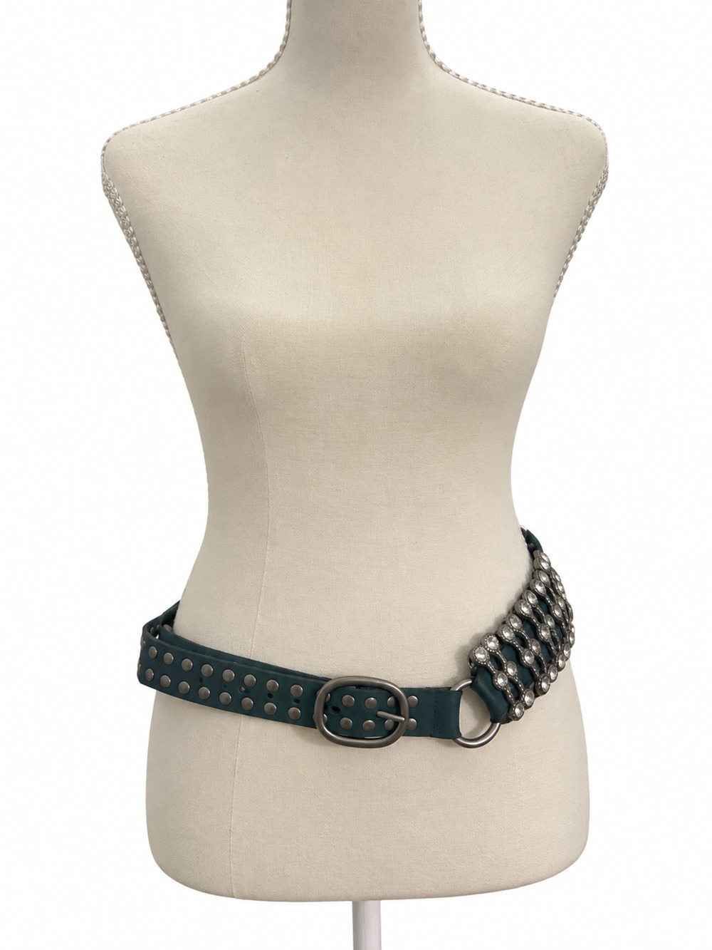 B.Y.O. Pelle Dark Teal Leather Rhinestone Studded Belt Y2K Western Boho 40"